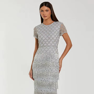 Vestido de fiesta formal de longitud completa con cuentas Floral gasa ajustada vaina manga corta cintura Natural tamaño libre seda lavable - Product Image 1