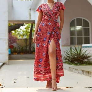 Vestido largo de talla grande para mujer, estampado Popular, bohemio, cuello en V, manga corta, abertura lateral, personalizado - Product Image 2