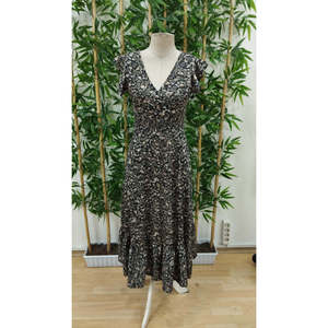Robe à manches courtes pour femmes, col enroulé, taille élastiquée, motif floral, 35770 - Noir - Product Image 6