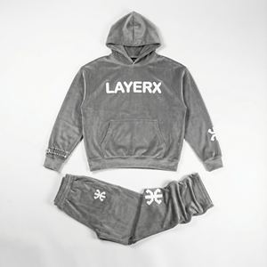Survêtement pour homme personnalisé en velours lourd, délavé à l'acide, uni, avec sweat à capuche orné de strass, pantalon coupe classique, streetwear, vente en gros - Product Image 1
