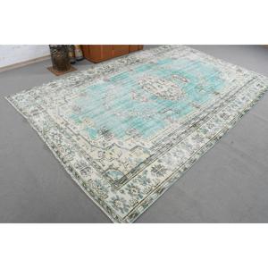 Tapis turc vintage, grand tapis de 6,2 x 9,6 pi (190 x 294 cm), tapis en laine bleu à motifs floraux - Product Image 4