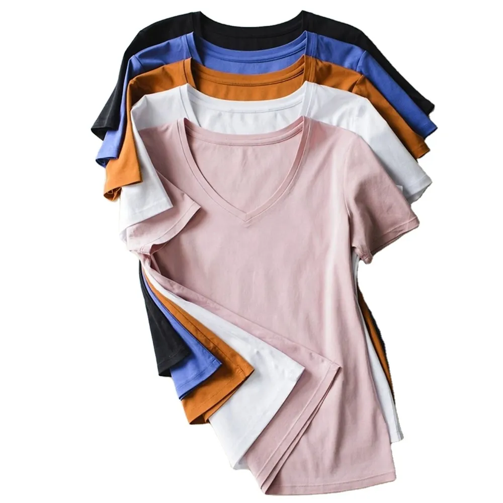 Kaus atasan leher V motif logo polos untuk wanita, t-shirt atasan musim panas kasual kerah v untuk wanita