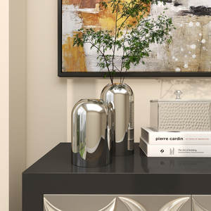 Set of Two Polished Metallic Cylindrical <b>Vases</b> with Rounded Tops for Modern Home or Office Decor - Product Image 4