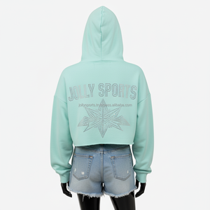 Sweat à capuche court pour femme, 320 GSM, polaire ultra doux, vert menthe, style avec logo personnalisé en strass et coupe confortable à épaules tombantes - Product Image 2