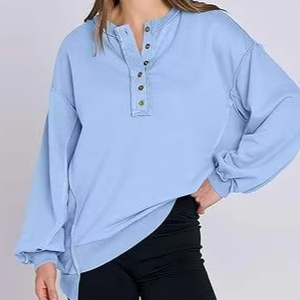 Sudadera Holgada Informal de Otoño para Mujer, con Capucha, Estilo Henley, Azul Claro, Manga Larga, Botones en la Parte Delantera, Suave y Cómoda - Product Image 1
