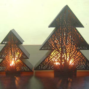 Handmade Christmas Home Decor <b>Gold</b>-Inside Black-Outside Iron Metal Tree-Shaped <b>Lantern</b> with Deer Design Candle Holders & Jars - Product Image 1