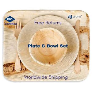 Ensemble de plats et assiettes en feuille de palmier de qualité supérieure, compostables et écologiques-bols, fourchettes et cuillères - Product Image 1