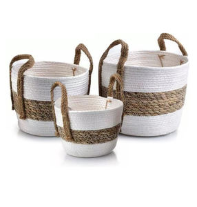 Set Of Certified Supplier Hamper Baskets Cotton and Stitching Seagrass Basket Cotton Basket Living Room For <b>Laundry</b> Room - Product Image 2