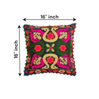Housse de coussin carrée brodée Sujani multicolore 16x16 pouces en coton avec bordure à pompons, style bohème, lavable
