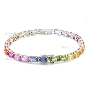 Bracelet de tennis en or blanc massif saphir arc-en-ciel naturel 14K pierre précieuse taille émeraude 6x4mm taille de pierre cadeau de mariage de style tendance - Product Image 3