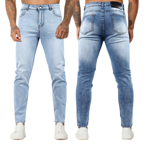 กางเกงยีนส์รัดรูปเข้ารูปสำหรับผู้ชายสไตล์สตรีทแวร์สไตล์วินเทจแฟชั่นสีฟ้าฟอกแบบคลาสสิกโลโก้ตามสั่ง - Product Image 1
