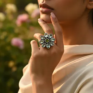 Bague en argent 925 avec grappe de fleurs et quartz serti clos, style bohème, tendance, bijoux de mariage pour femme - Product Image 2