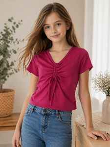 เสื้อผู้หญิงแฟชั่นน่ารัก สีชมพู คอวี แขนยาว แต่งระบายผูกด้านหน้า ทรงปกติ ผ้าถัก คอตตอน/โพลีเอสเตอร์ ปักลาย - Product Image 4