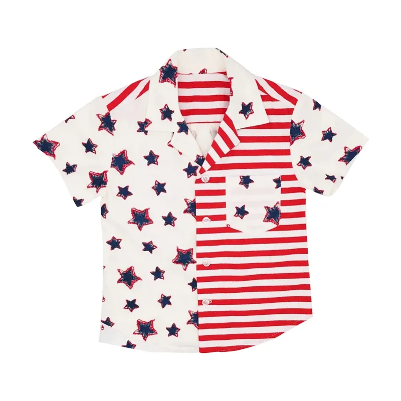 Short Sleeve Shirts Baby July 4th Flower Pocket Buttons T-Shirt For Kid New Fashion 2023 Boys Polo Shirt