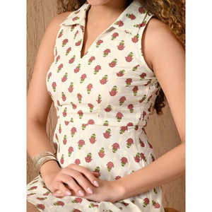 Robe Bohème Femme Coupe Trapèze Col en V Imprimé Floral Taille Naturelle Entièrement Doublée 100% Coton Mini Lavable Respirante Vêtement d'Été - Product Image 1