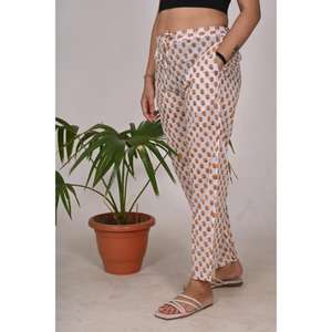 Pantalones de pijama de algodón ligero Ropa de dormir con estampado de bloques florales para mujeres con cintura elástica Pantalones de dormir cómodos - Product Image 1