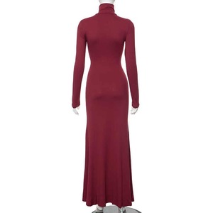 Couleur rouge mode Polyester Jersey tricot col roulé manches longues robe d'hiver pour dames 2025 - Product Image 2