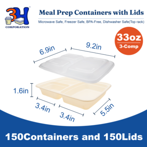 Contenitori per la preparazione dei pasti 3H da 33oz con coperchi, 3 scomparti [confezione da 150, 300 pezzi], contenitori per alimenti da asporto, adatti a microonde, lavastoviglie e congelatore. - Product Image 2