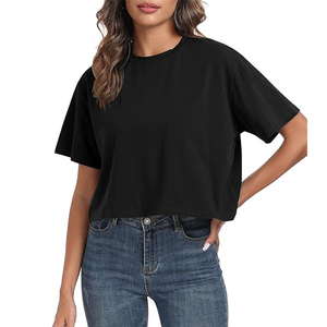 Camisetas recortadas de entrenamiento de gran tamaño, camisetas de punto sólido teñidas con hilo para mujer de talla grande, camisetas informales de manga corta con cuello redondo para mujer - Product Image 2