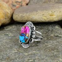 Bague bohème vintage Navajo en argent sterling 925 massif plaqué rhodium avec turquoise naturelle d'huître épineuse rose, sertie clos, 10x14mm