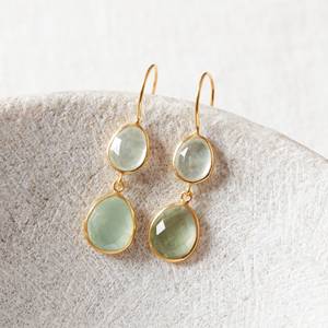 Solid 925 Sterling Silver Genuine Pale Green Prehnite Pebble Oval Double Gemstone <b>Drop</b> <b>Earrings</b> <b>Gold</b> Plated Women Fine <b>Earrings</b> - Product Image 2