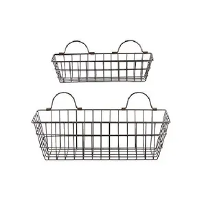 Conjunto de duas cestas retangulares, conjunto de duas cestas pretas de metal com fio, cesta de pendurar na parede