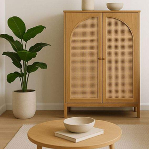 Armario Minimalista con Puertas de Ratán Natural Curvado y Amplios Estantes de Almacenamiento, Ideal para Salas de Estar y Dormitorios - Product Image 6