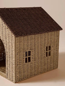 Vente en gros de maison pour animaux de compagnie en papier écologique, lit pour chien et chat en osier tissé à la main avec toit amovible - Product Image 3