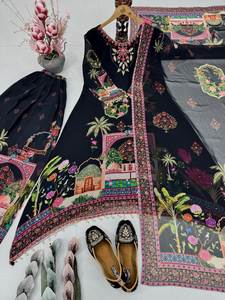 Diseñador de tendencias Top Palazzo Collection Heavy Faux Georgette Telas de seda con impresión digital y trabajo de espejo real para mujeres - Product Image 4