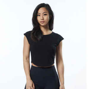 Performance Fit Women's Blackout Scoop Hem <b>Crop</b> <b>T</b>-<b>Shirts</b> 95% Cotton 5% Spandex <b>Fitted</b> Cap Sleeves Raglan Shaped Crew Neck Summer - Product Image 1