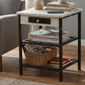 Mesita de noche industrial moderna con superficie de mármol, estructura metálica, estante de almacenamiento de 3 niveles y toma de corriente para muebles de dormitorio - Product Image 3