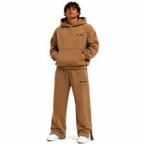 Ensemble de survêtement Premium ONEAPEX SPORTS WEAR pour homme, sweat-shirt oversize camel marron et pantalon de survêtement à bas ouvert, coton lourd, été - Product Image 1