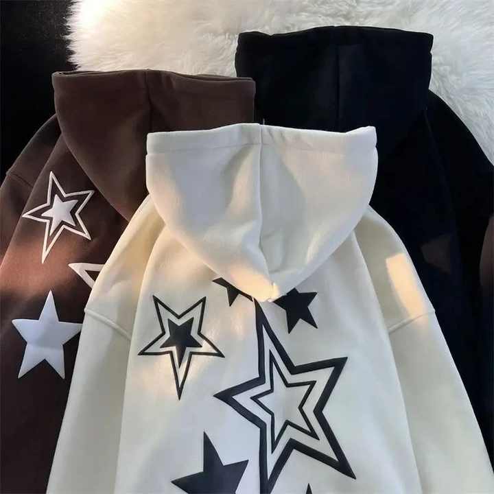 Harajuku Streetwear Sweatshirt Unisex Oversized Y2K Stars Printed Knitted Loose Long Sleeve Hoodies for Women Autumn Winter Tops