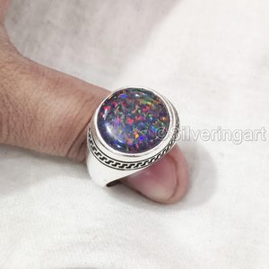 Anillo para hombre al por mayor, piedra preciosa de ópalo negro redondo Natural, piedra natal de octubre, regalo de compromiso, joyería, anillo de Plata de Ley 925 - Product Image 4