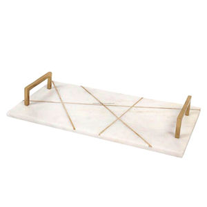 Plateau de service en marbre décoratif en pierre naturelle, Rectangle en marbre blanc, plateau en marbre pour bijoux avec poignées en feuilles dorées - Product Image 6