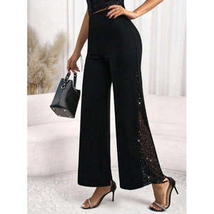 Pantalones de crepé importados con detalles de tul en las cinturillas, 29964 - Negro - Product Image 1