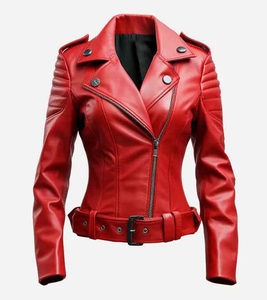 Veste en cuir vintage tendance, design personnalisé, nouveau look, saison hivernale, rouge, décontractée, fermeture éclair avant, poche tendance, ceinture, enduite - Product Image 1