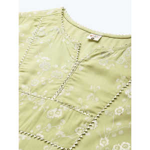 ชุดเสื้อกางเกงทรงตรงพร้อมกางเกงผ้าเรยอนพิมพ์ลายดอกไม้สีเขียวสำหรับผู้หญิง - Product Image 3