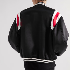 <b>Men's</b> Black Satin Varsity <b>Jacket</b> Red <b>White</b> Stand Collar Casual Baseball Coat Autumn Wear Regular Fit Windproof Embroidered High - Product Image 2