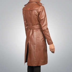 Chaqueta Varsity de Piel de Oveja Marrón, Cuero Genuino Transpirable, Acabado de Alta Calidad, Estilo Abrigo Largo para Mujer - Product Image 2