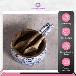 Nouvel arrivage Meilleur fournisseur Bol à salade en bois de manguier avec finition imprimée en émail Saladier avec serveur du meilleur vendeur indien - Product Image 3