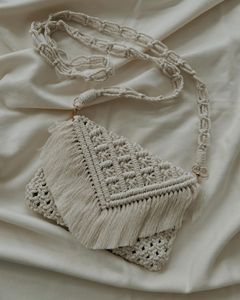 Fringe Accent Macrame Clutch Handwoven Silk Beads Magnetic Closure Durable Foldable Custom Size <b>for</b> Beach Travel Resort - Product Image 1