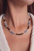 Collier en pierre naturelle œil de tigre personnalisé 15 pièces, élégant, avec perle d'eau douce, aigue-marine, pendentif plaqué or, bijoux en pierres précieuses pour femmes