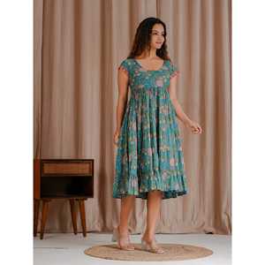 Vestido Verde de Algodón Mulmul con Estampado de Bloques, Talla Única XS, Transpirable, Cintura Imperio, Estilo Boho, Elegante para el Trabajo o el Club - Product Image 5