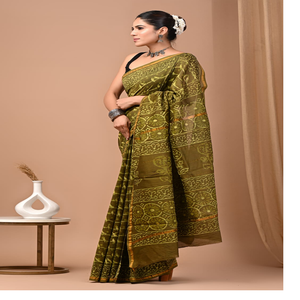 Seda chanderi estampada a mano tradicional hecha a medida con blusa en tinte natural y colores también para reventa - Product Image 1