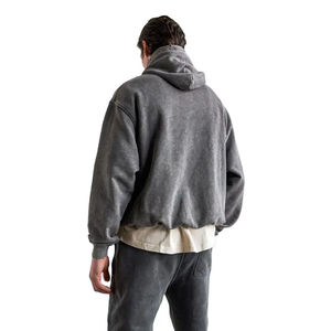 OEM 3D Embossed Logo Men Pullover Oversize No <b>String</b> Hoodies Button French Terry 500gsm Grey Color Vintage Acid Wash Hoodies - Product Image 4