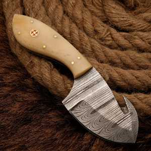 Couteau à lame fixe en acier Damas fait main avec manche en os et étui en cuir |   Taille personnalisable, garantie de 3 ans - OEM/ODM disponible - Product Image 3
