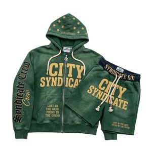 Custom Y2k Puff Printing Hoodie Men Streetwear 3D <b>Embroidery</b> Casual Solid 100% Cotton Heavyweight 360gsm Shorts Zip Hoodie <b>Set</b> - Product Image 1