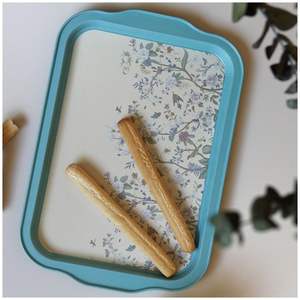 Modern Floral Design Pastel Blue 215x316mm Rectangular <b>Metal</b> <b>Tray</b> Serving Platter with Decorative Handle Fancy Decor <b>Tray</b> - Product Image 1