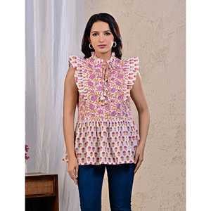 Haut chic pour femme imprimé floral blanc et rose en coton et soie popeline, avec dentelle brodée et col asymétrique, tailles XL XXL pour l'automne - Product Image 2